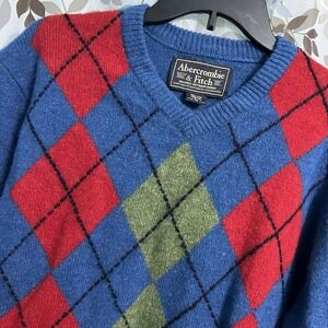 Vintage Abercrombie & Fitch Shetland Wool Argyle Sweater Y2K Large Blue